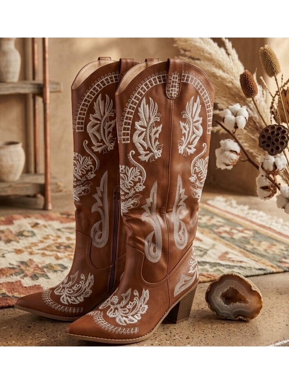 Newbella Cognac Brown Embroidered Western Cowboy Boots 10
